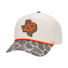 Natural hat with duck camo bill with Texas Archery Country patch on front