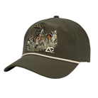 Faded olive hat with deer on front in foliage, with white Archery Country logo