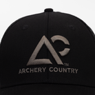 closeup of black cap with "ARCHERY COUNTRY" logo on front