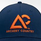 Closeup of navy meshback cap with "ARCHERY COUNTRY" logo on front in orange