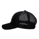 side view of black meshback cap with "ARCHERY COUNTRY" logo on front