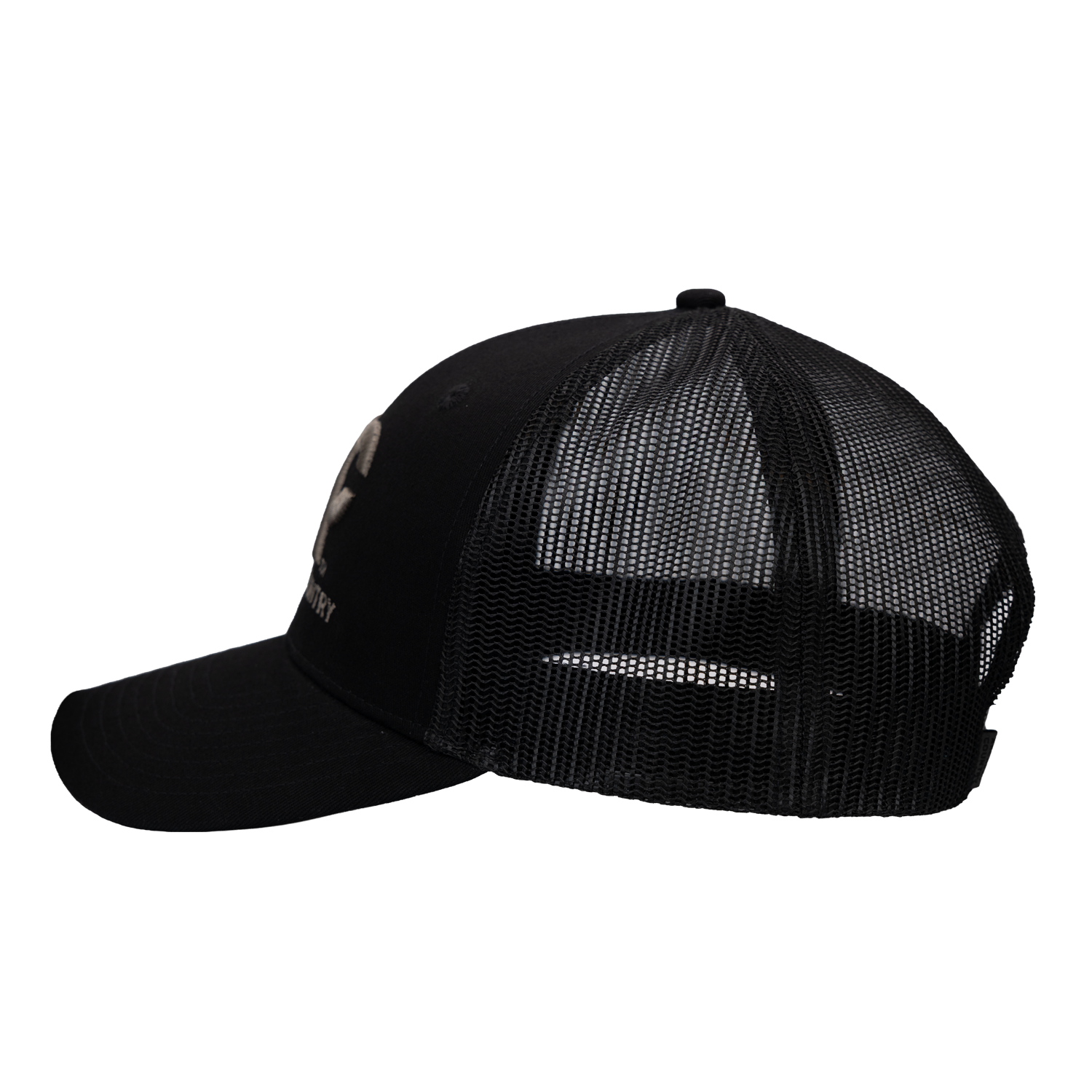 side view of black meshback cap with "ARCHERY COUNTRY" logo on front