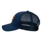 Side view of navy meshback cap with "ARCHERY COUNTRY" logo on front in orange