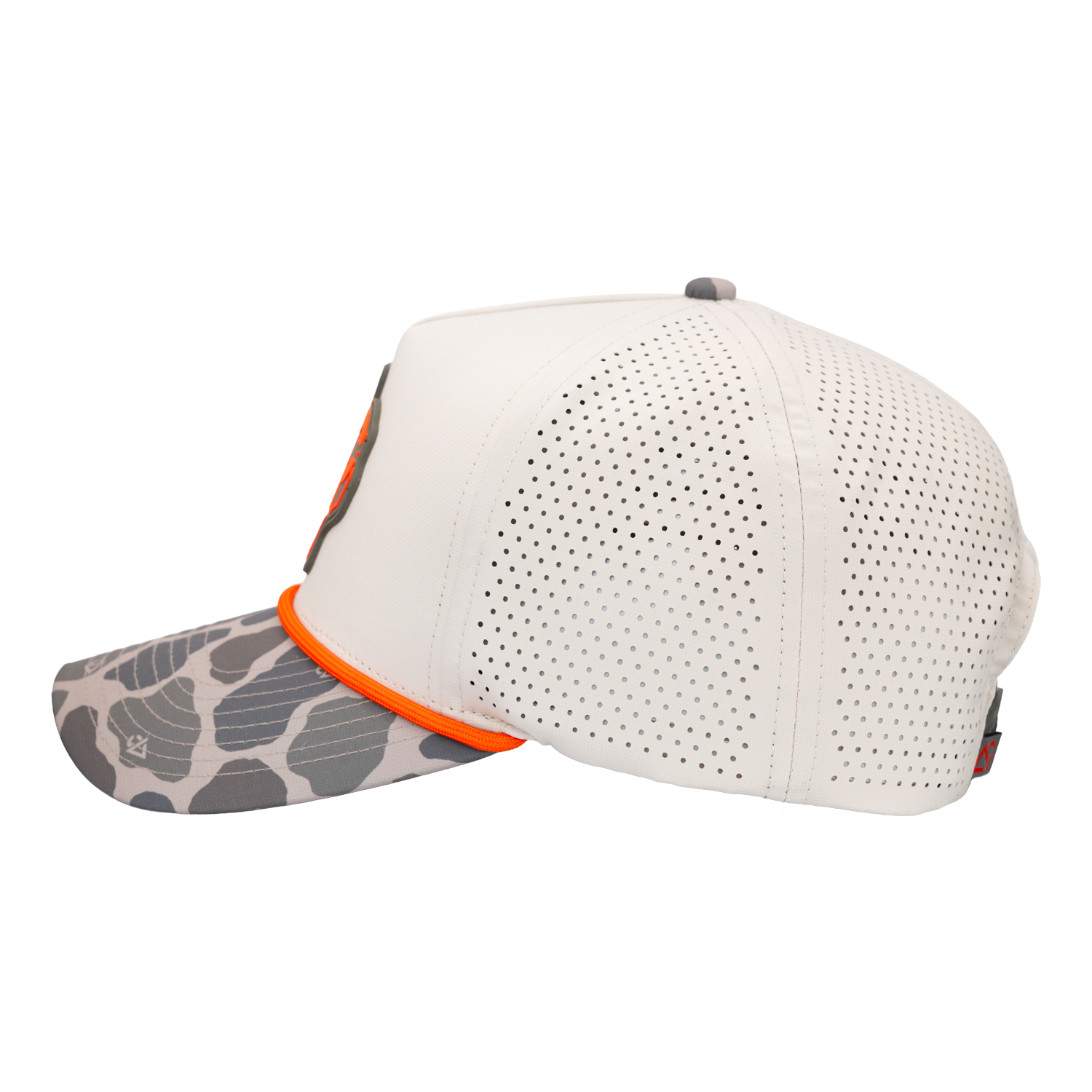 side view of Natural hat with duck camo bill with Texas Archery Country patch on front