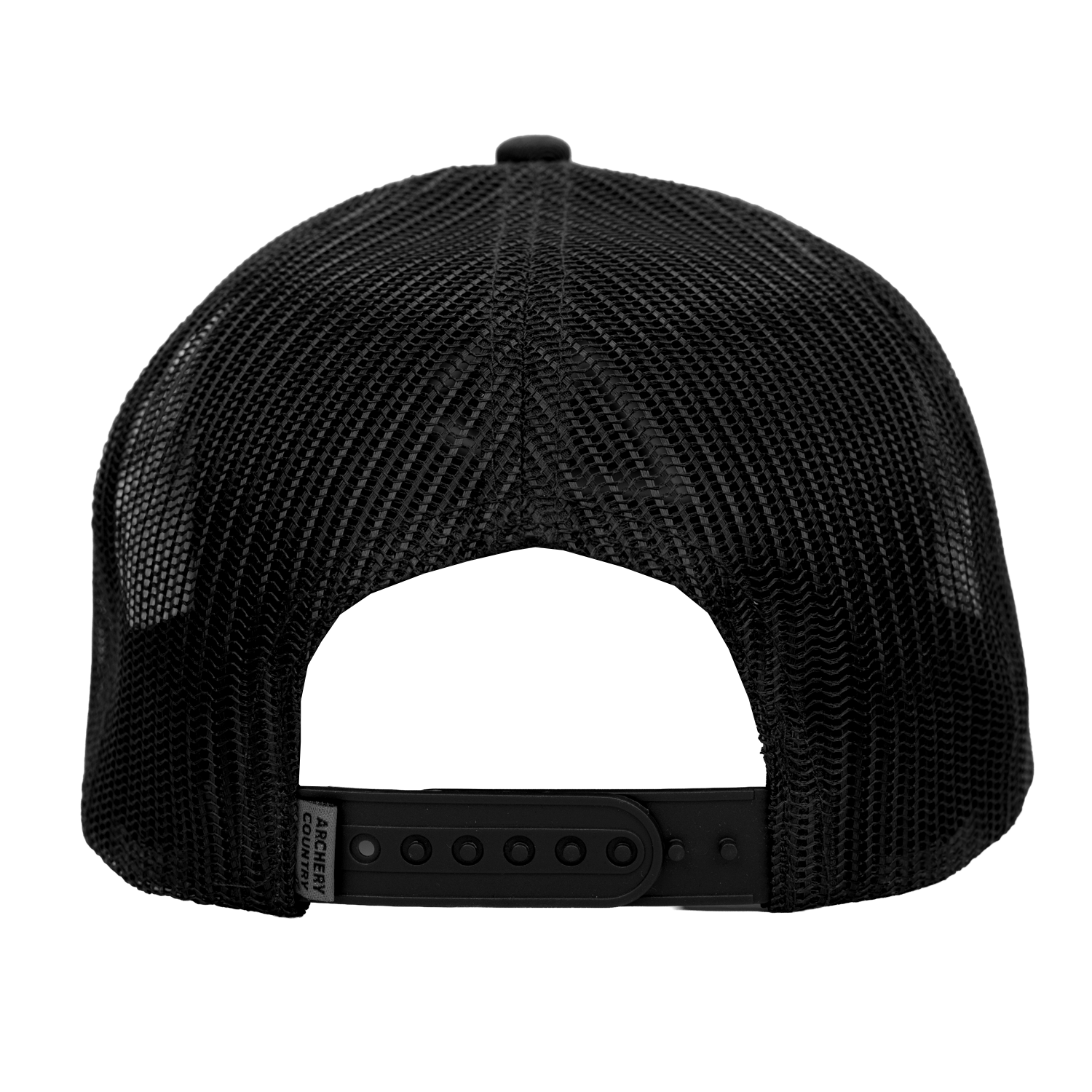 rear view of black meshback cap showing adjustable strap