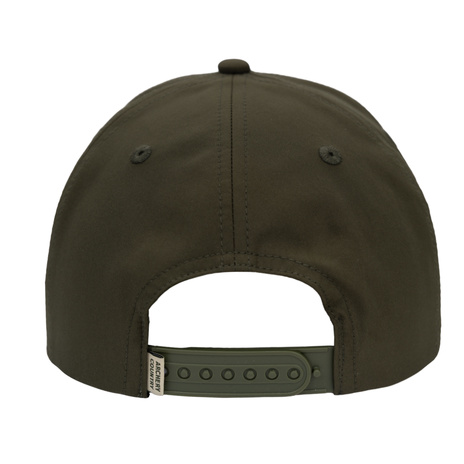 Rear view of faded olive hat with adjustable strap