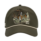Faded olive hat with deer on front in foliage, with white Archery Country logo