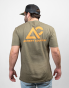 Rear view of man wearing military green tee with "Archery Country" logo on back
