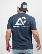 Rear view of man wearing heather navy tee with "Archery Country" logo on back