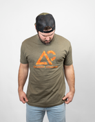 Man wearing military green tee with camo "ARCHERY COUNTRY" logo on chest