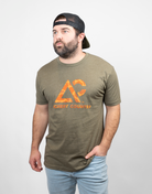 Man wearing military green tee with camo "ARCHERY COUNTRY" logo on chest