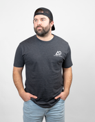 front view of charcoal tee with white Archery Country logo on left chest
