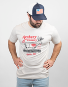Man wearing sand tee with "ARCHERY COUNTRY Austin, TX" text and graphic of a deer