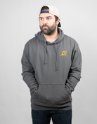 Man wearing charcoal hoodie with Archery Country logo on left chest