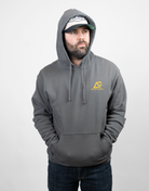 Man wearing charcoal hoodie with Archery Country logo on left chest