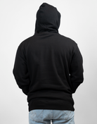 rear view of man wearing black hoodie